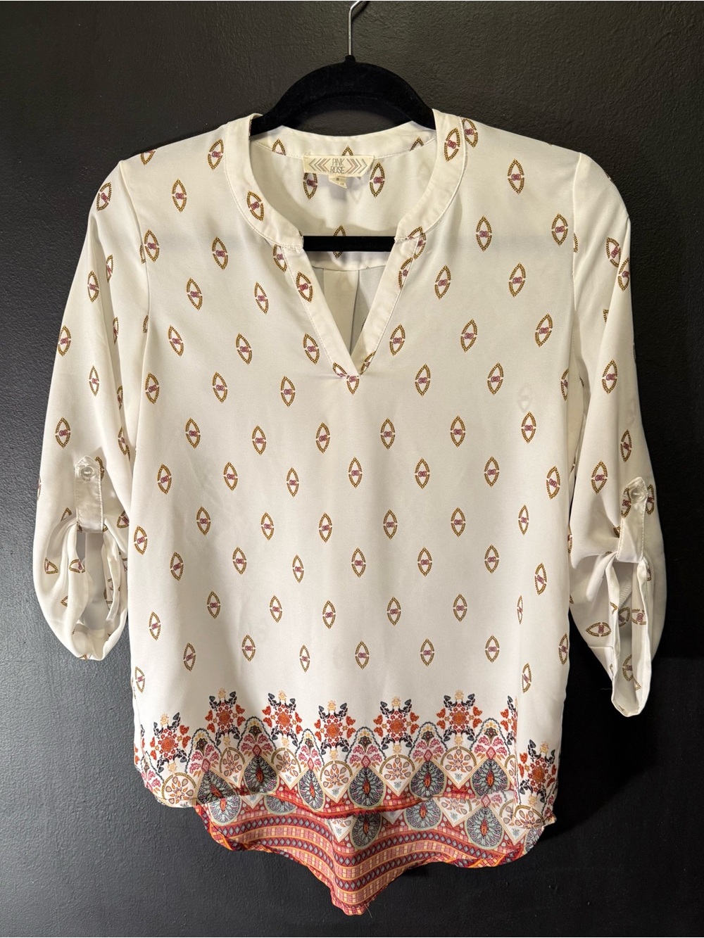 Pink Rose Cream Split-Neck Blouse with Rust & Teal Border